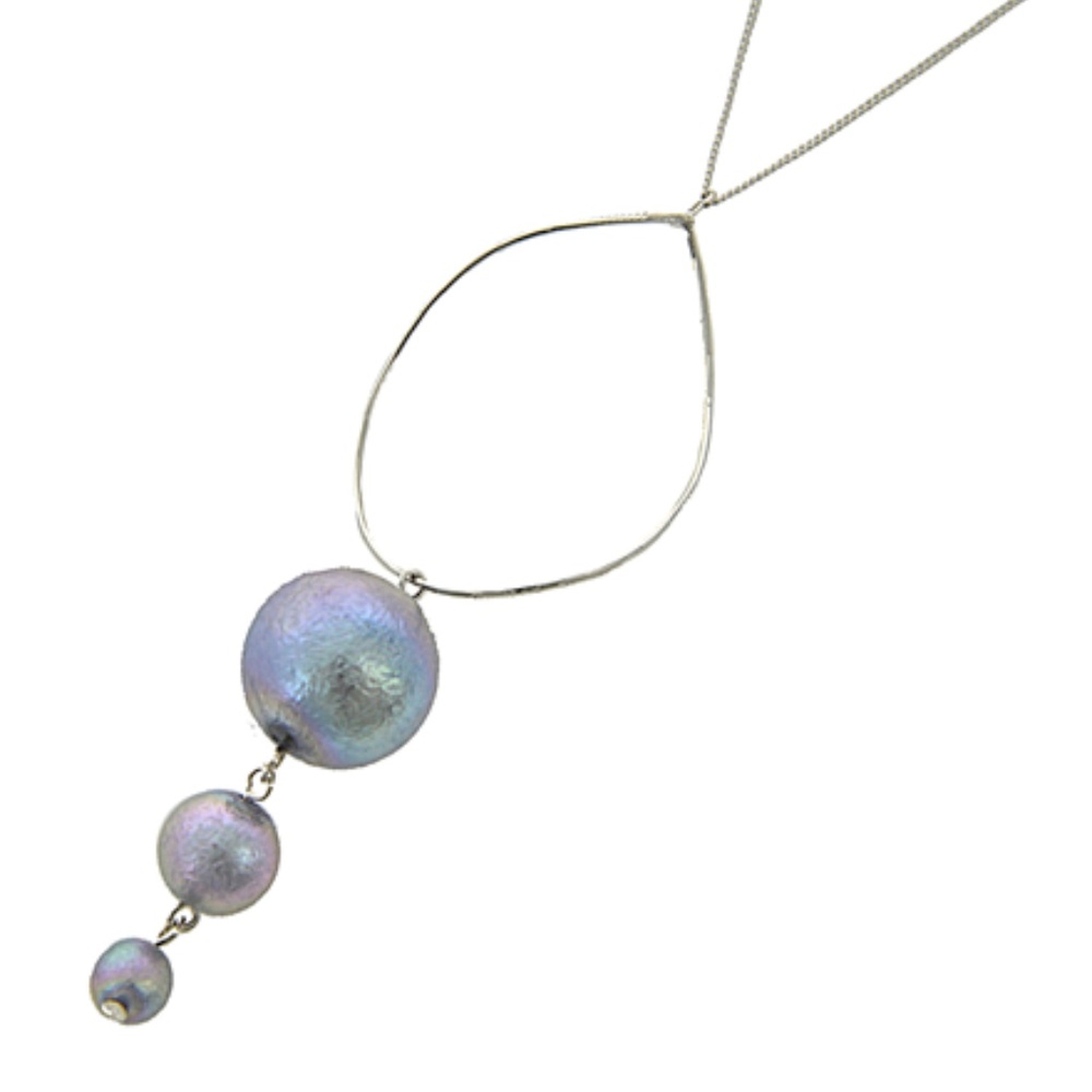 silver tone faux pearl long pendant
